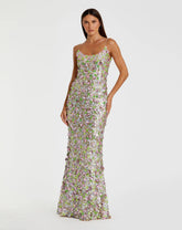 Multicolor Sleeveless Floral Paillette Embellished Mesh Gown